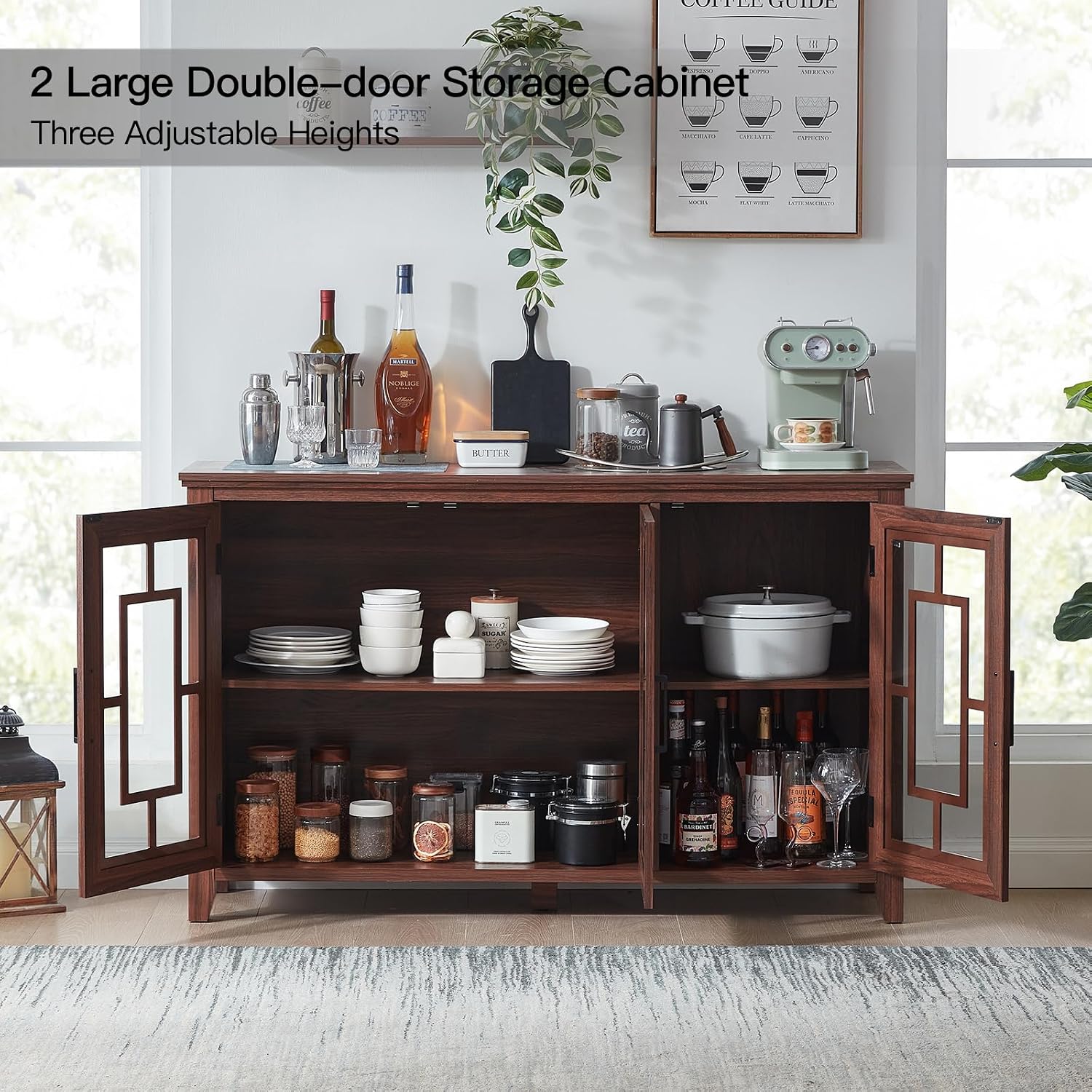 Joaxswe Large Sideboard Buffet Cabinet with Storage, 55' Farmhouse Kitchen Coffee Wine Bar Cabinet with 3 Glass Doors, Wood Mid Century Modern Side Board Table for Dining Room, Living Room,Brown