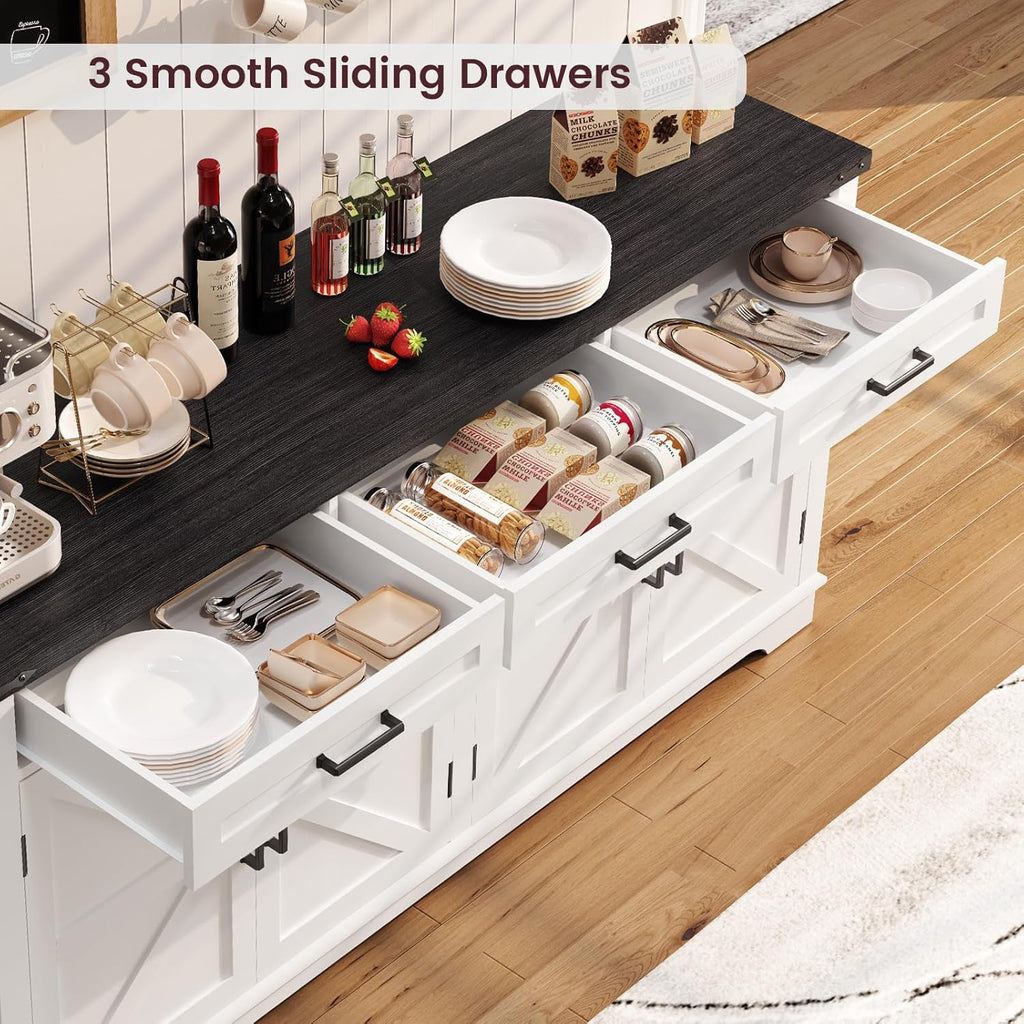 usikey 61' Large Sideboard Buffet Cabinet with 4 Doors and 3 Drawers, Farmhouse Buffet Table, Dining Room Storage Cabinet for Kitchen or Living Room, White