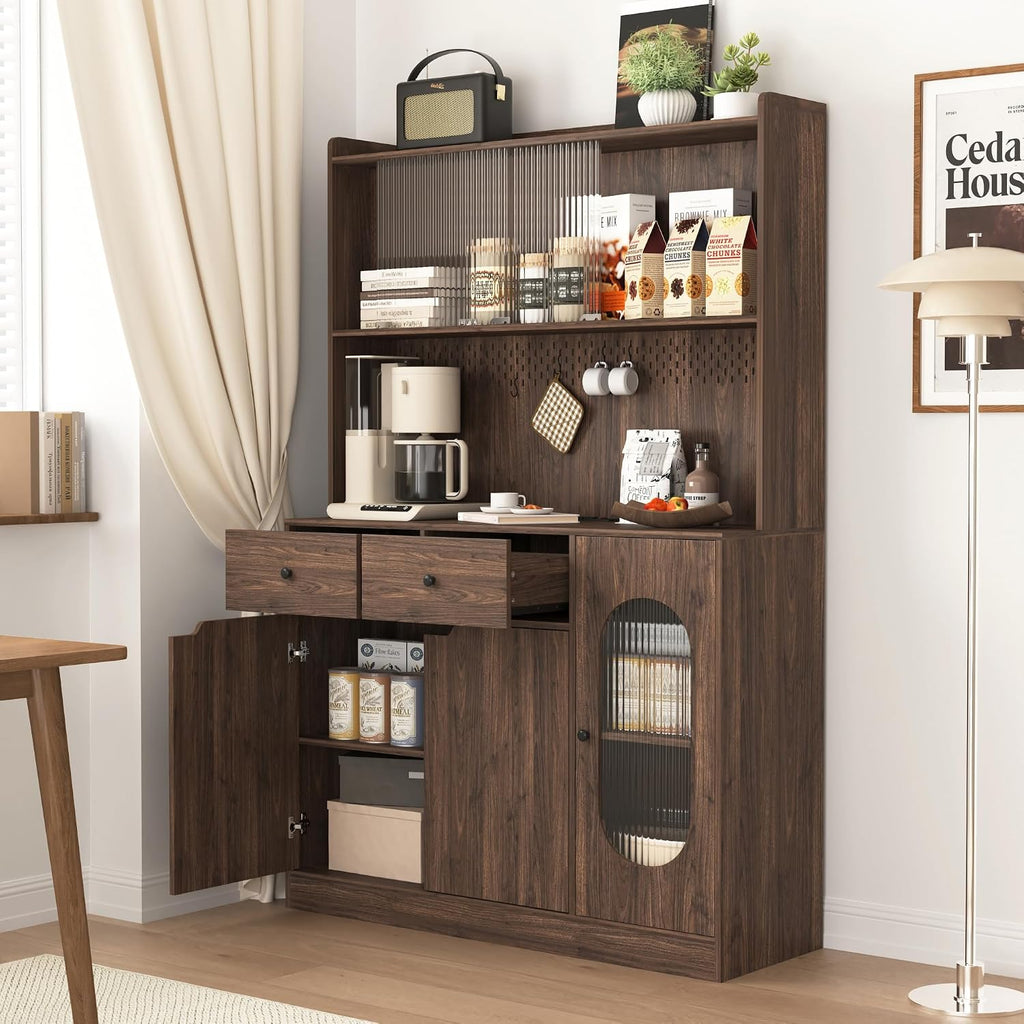 71' Tall Kitchen Pantry Storage Cabinet, Large Capacity Display Cabinet with Reeded Glass Doors and Microwave Stand, Bakers Racks with Storage for Kitchens, Pantry, Living Room