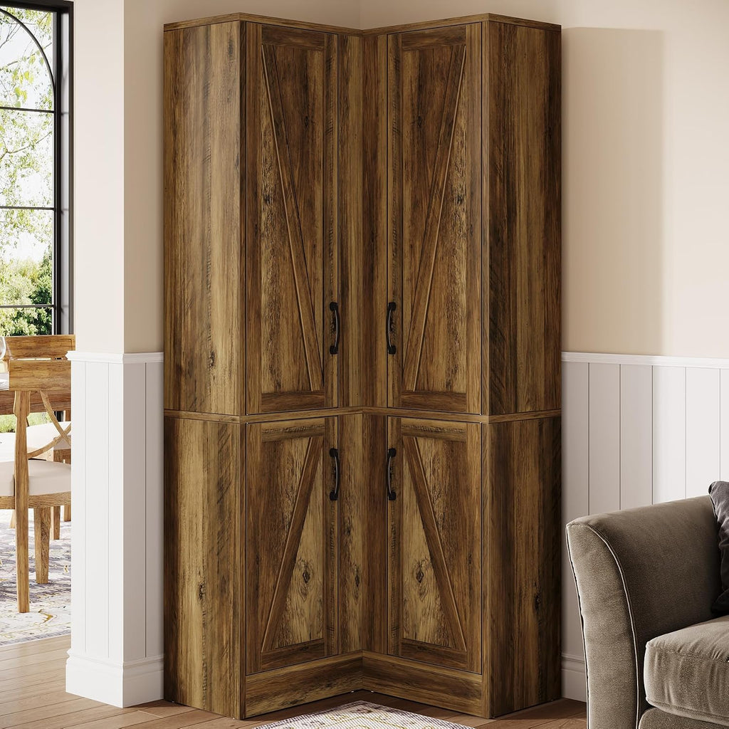 Tribesigns Corner Pantry Cabinet, 67' Tall Kitchen Pantry with Doors and 5-Tier Storage Shelves, Farmhouse Wooden Corner Bar Cabinet for Home, Living Room, Bar, Kitchen, Rustic Brown