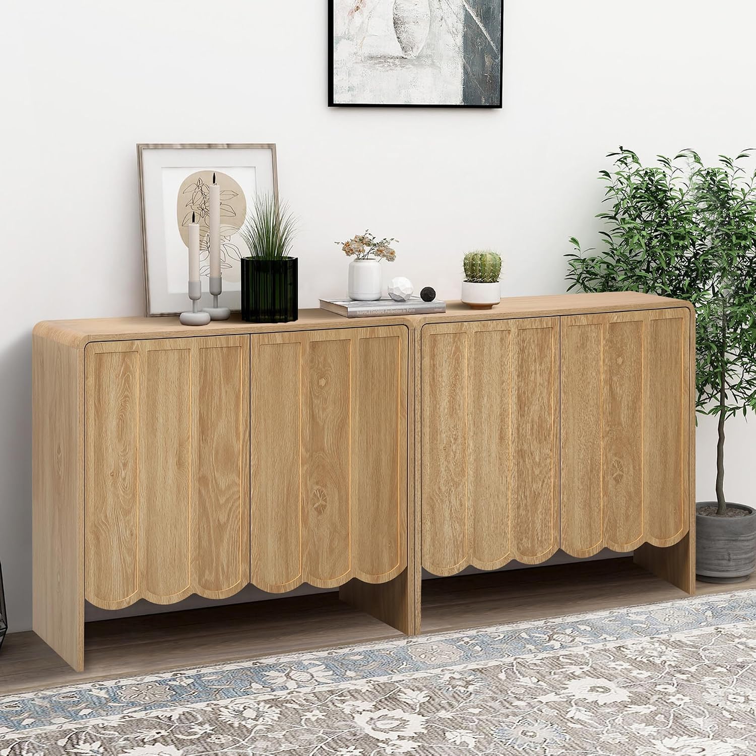 ORRD Sideboard Buffet Cabinet Set of 2, Accent Storage Cabinet with 2 Doors, Farmhouse Wood Cabinet with Adjustable Shelves and Wave Panel for Living Room, Dining Room, Entry - Natural