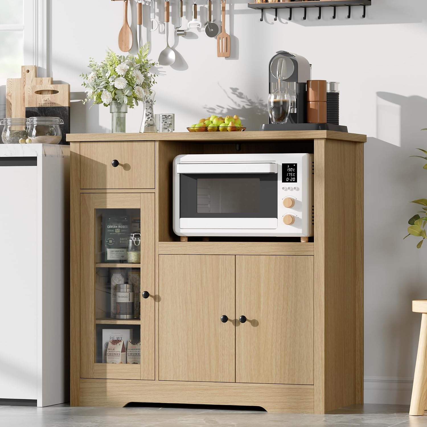 Senfot Kitchen Microwave Cabinet with Storage and Drawers, Modern Small Buffet Cabinet with Glass Doors and Adjustable Shelf, Wooden Sideboard with Wide Top for Dining Room, Living Room, Natural