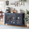 Joaxswe Large Sideboard Buffet Cabinet with Storage, 55' Farmhouse Kitchen Coffee Wine Bar Cabinet with 3 Glass Doors, Wood Mid Century Modern Side Board Table for Dining Room, Living Room,Navy Blue
