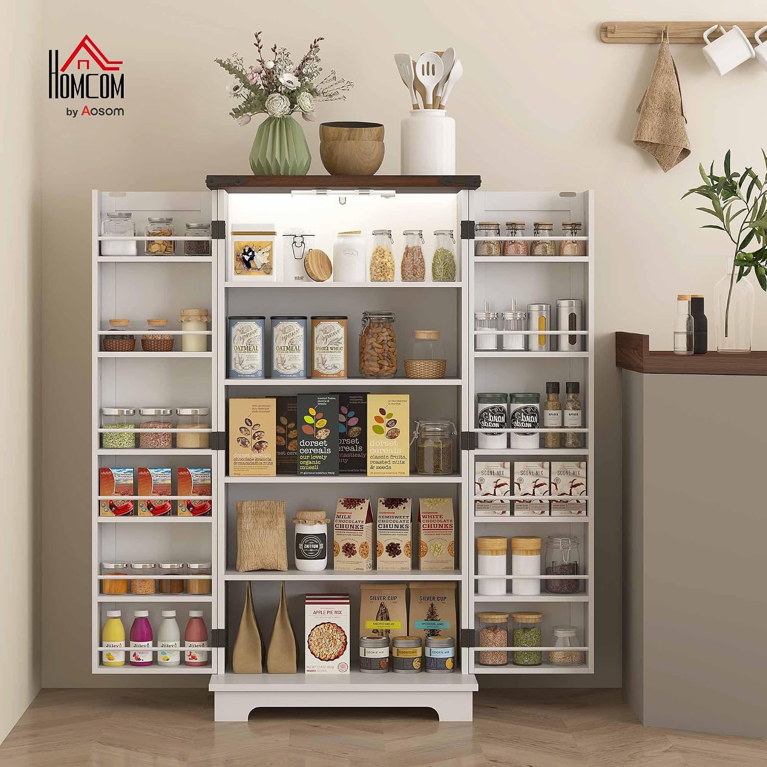 HOMCOM 47' LED Kitchen Pantry Cabinet, Farmhouse Storage Cabinet with 5 Deep Shelves and 12 Door Shelves, Freestanding Food Pantry with Barn Door, White