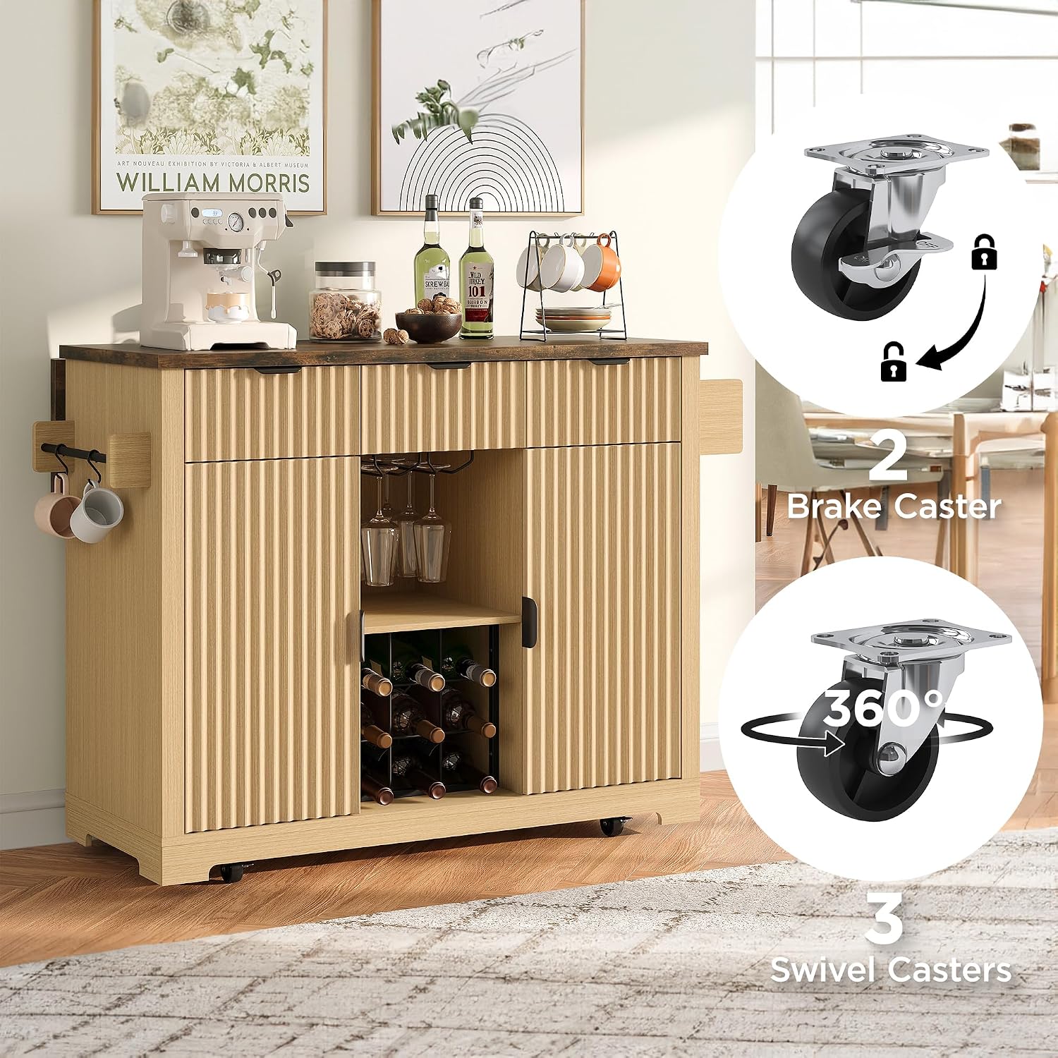 FiveWillowise Kitchen Island with Drop Leaf and Wine Cabinet, Rolling Kitchen Island on Wheels with Storage Cabinets,50' Fluted Wine Bar with 3 Drawers, and Towel Rack for Kitchen, Dining Room