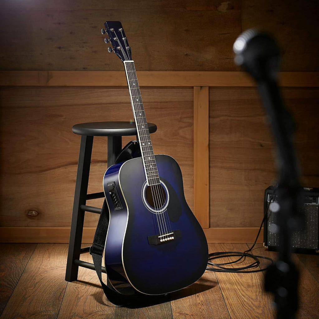 Ashthorpe Full-Size Dreadnought Acoustic-Electric Guitar Bundle - Premium Tonewoods - Blue