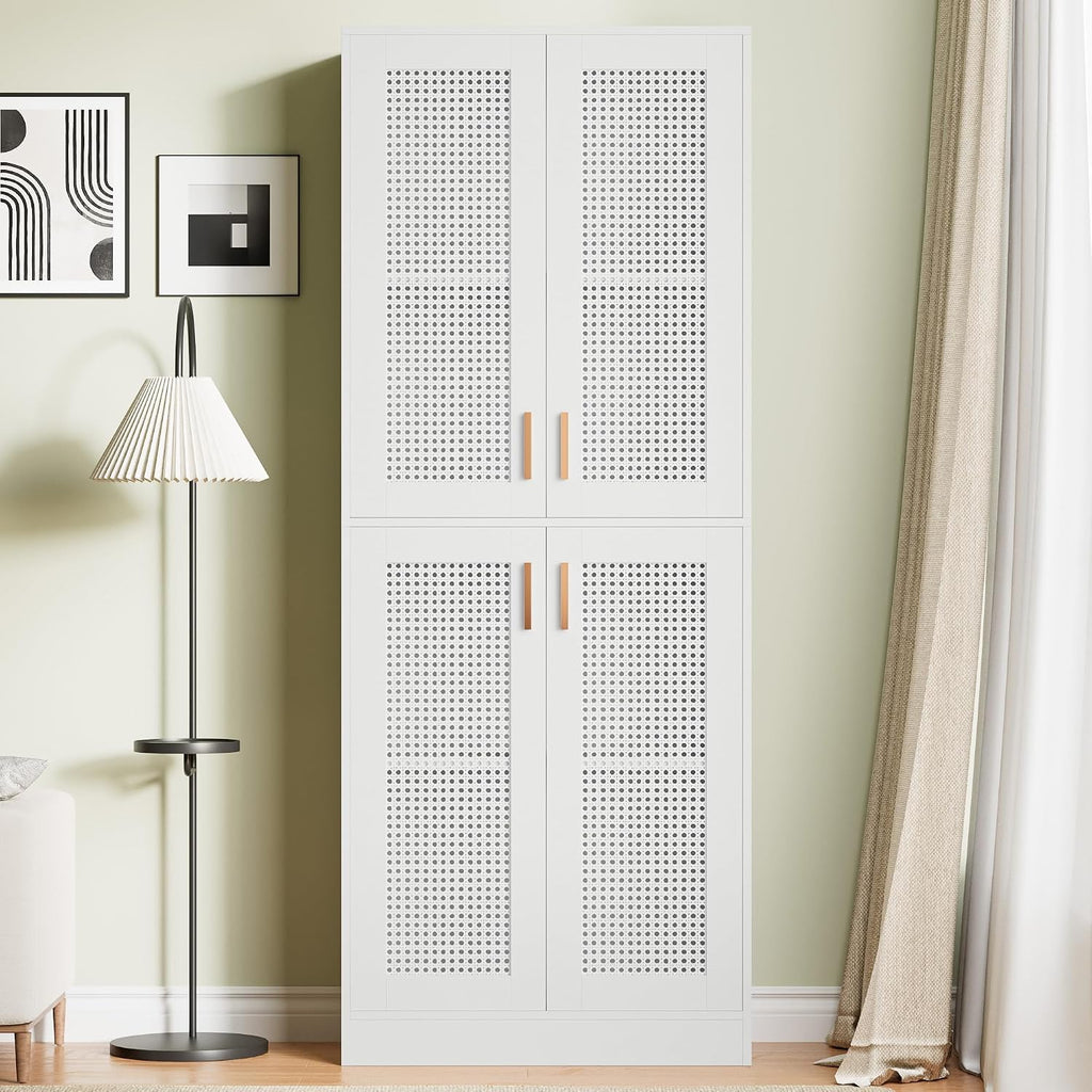 Cozy Castle Kitchen Pantry Cabinet, 71' Tall Rattan Doors Storage Cabinet and Adjustable Shelves, Modern Farmhouse Wood Cupboard Utility Hutch for Kitchen, Dining Room, Living Room (White)