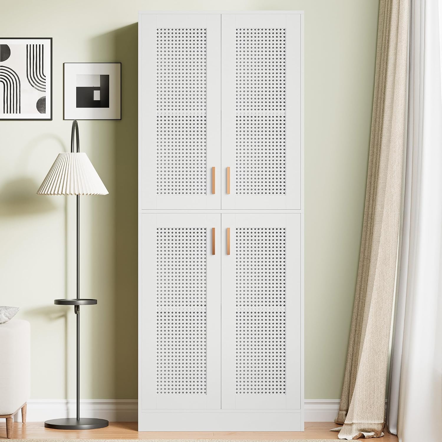 Cozy Castle Kitchen Pantry Cabinet, 71' Tall Rattan Doors Storage Cabinet and Adjustable Shelves, Modern Farmhouse Wood Cupboard Utility Hutch for Kitchen, Dining Room, Living Room (White)