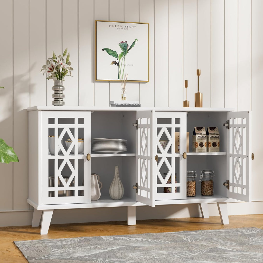 Scurrty 52' Buffet Cabinet with Storage,Sideboard with 4 Doors, Skeletonized Coffee Bar with Storage, Sideboard Cabinet for Dinning Room, Kitchen & Living Room (White)