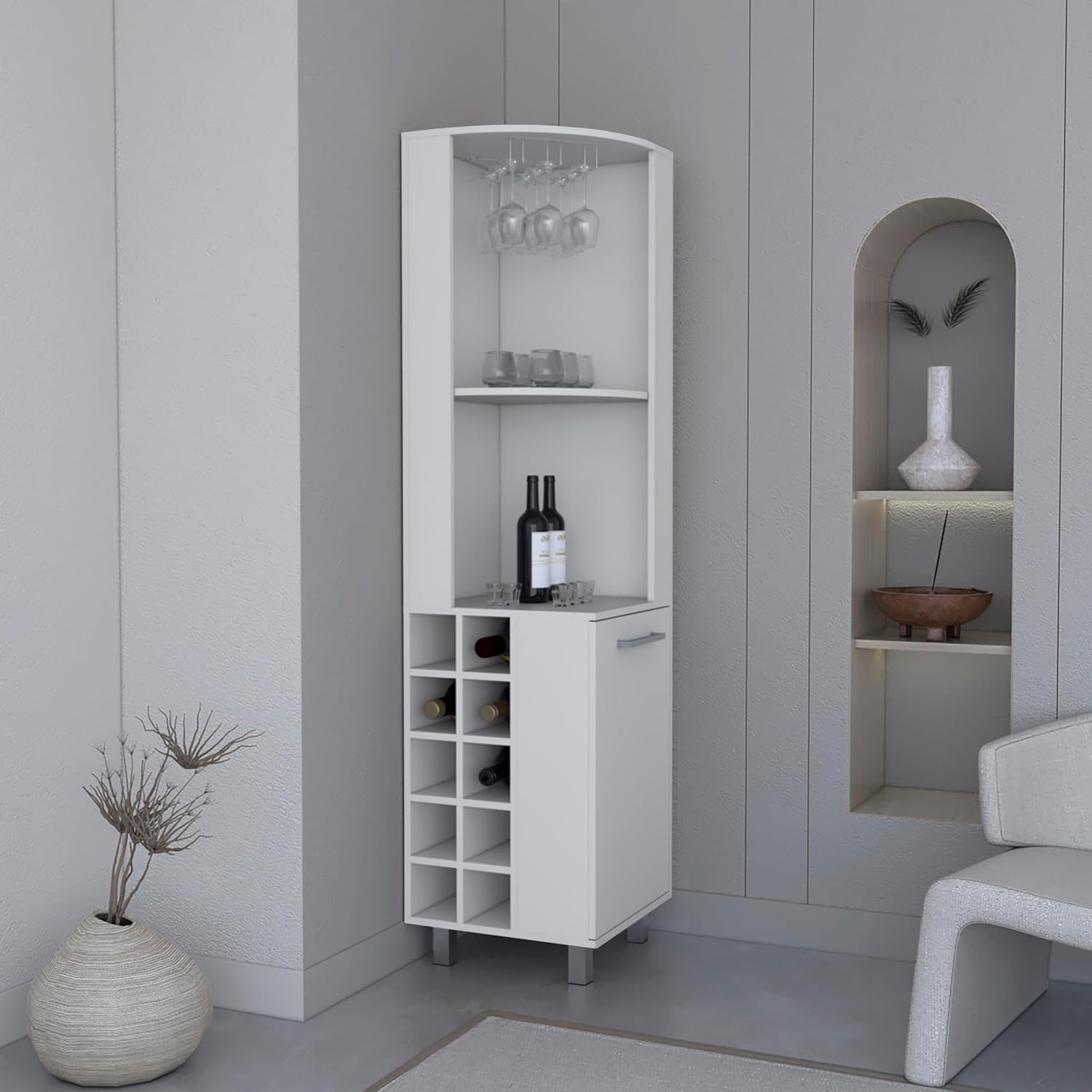 71' Corner Freestanding Storage Cabinet, Kitchen Storage Bakers Rack with 4 Shelves, Utility Food Cupboard with Stemware Rack, White