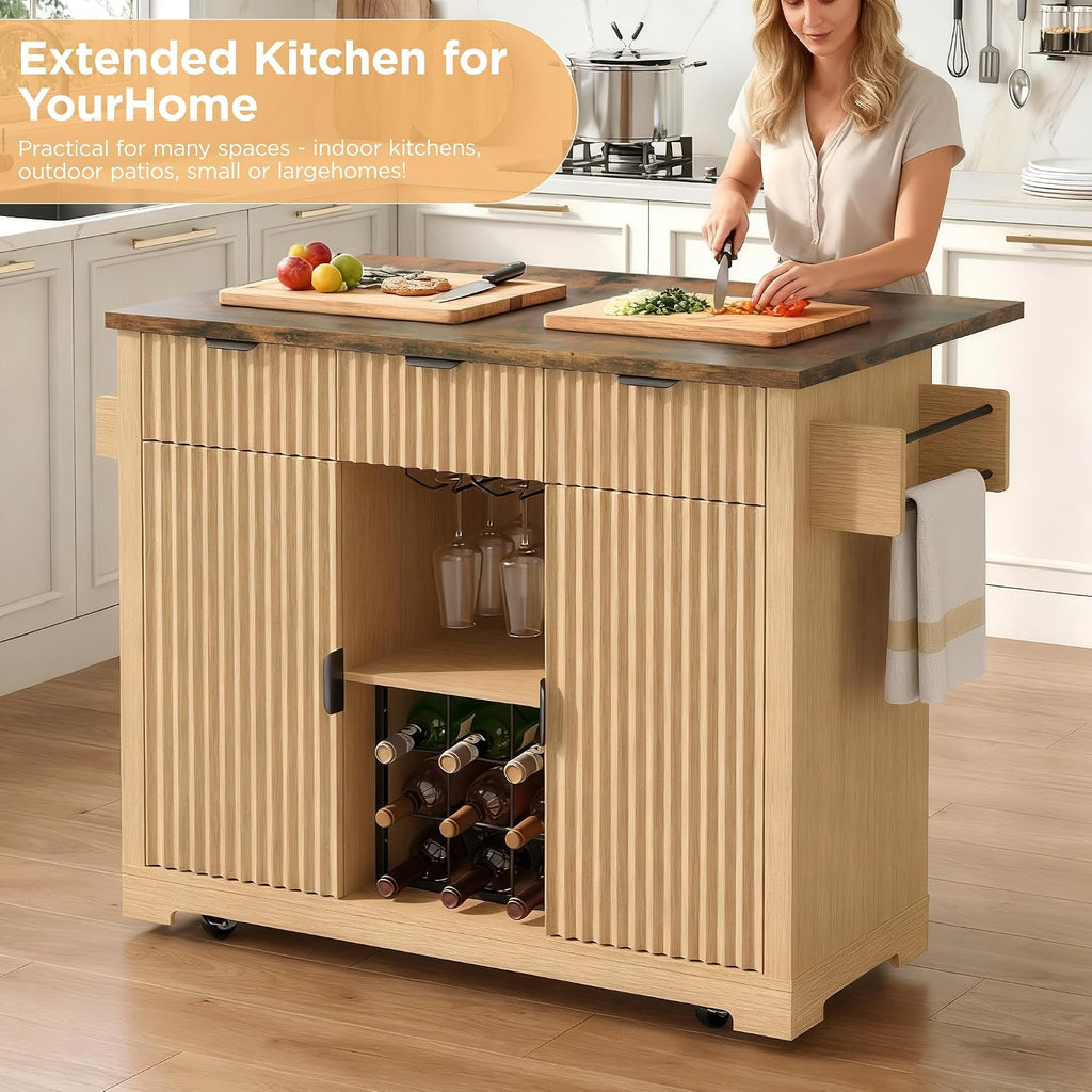 FiveWillowise Kitchen Island with Drop Leaf and Wine Cabinet, Rolling Kitchen Island on Wheels with Storage Cabinets,50' Fluted Wine Bar with 3 Drawers, and Towel Rack for Kitchen, Dining Room