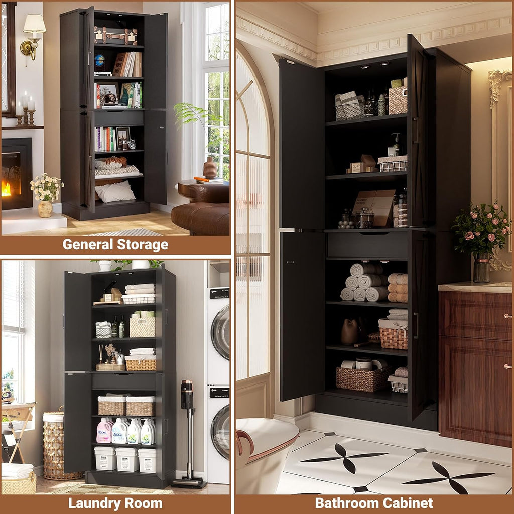 Unikito Black 71' Tall Kitchen Pantry Cabinet, Hidden Drawer and Farmhouse Barn Doors, 4 Adjustable Shelves, Freestanding Cupboard for Kitchen, Dining Room, Living Room, Utility Room