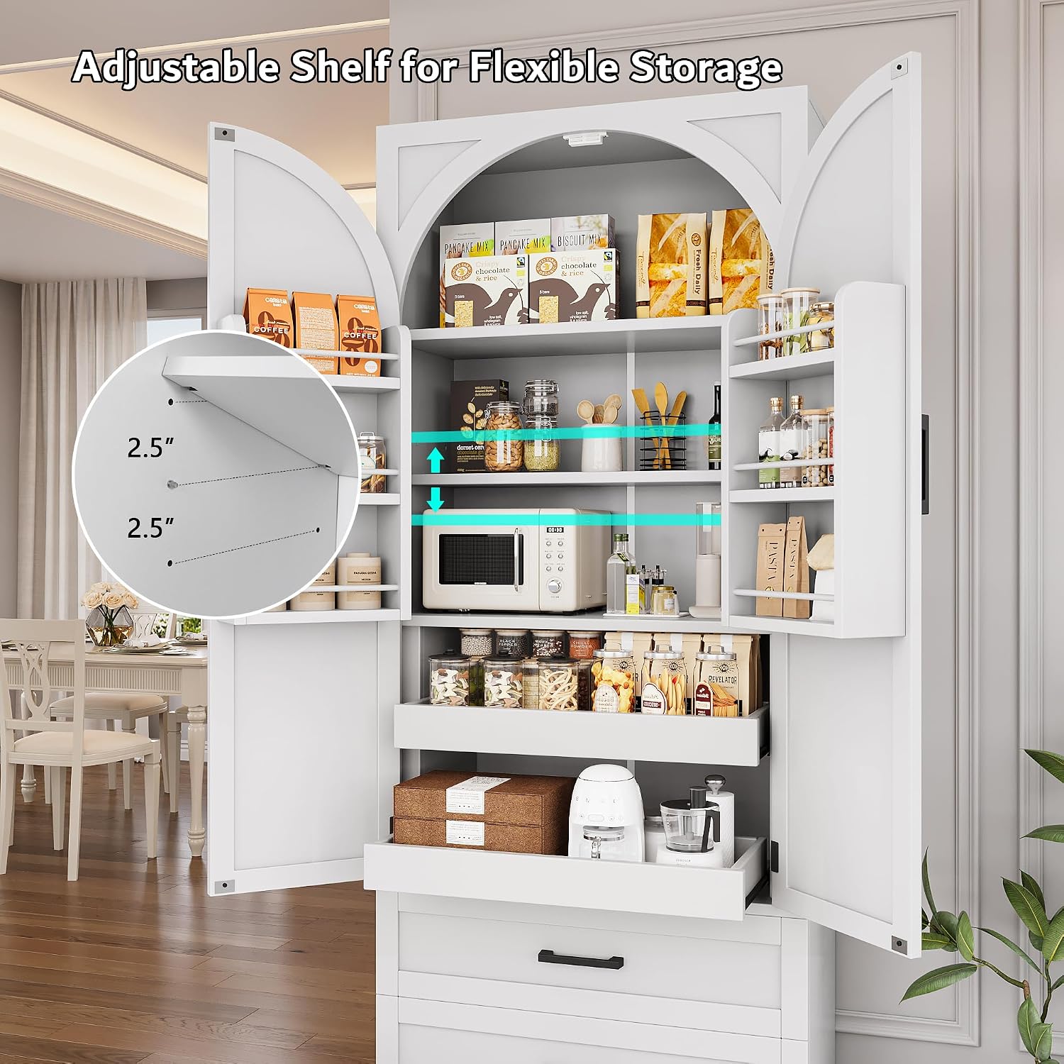 iPormis 71' Tall Kitchen Pantry Storage Cabinet w/Adjustable Shelf, Door Shelves & Large Drawers, Freestanding Kitchen Cupboard for Dining Room/Living Room, White