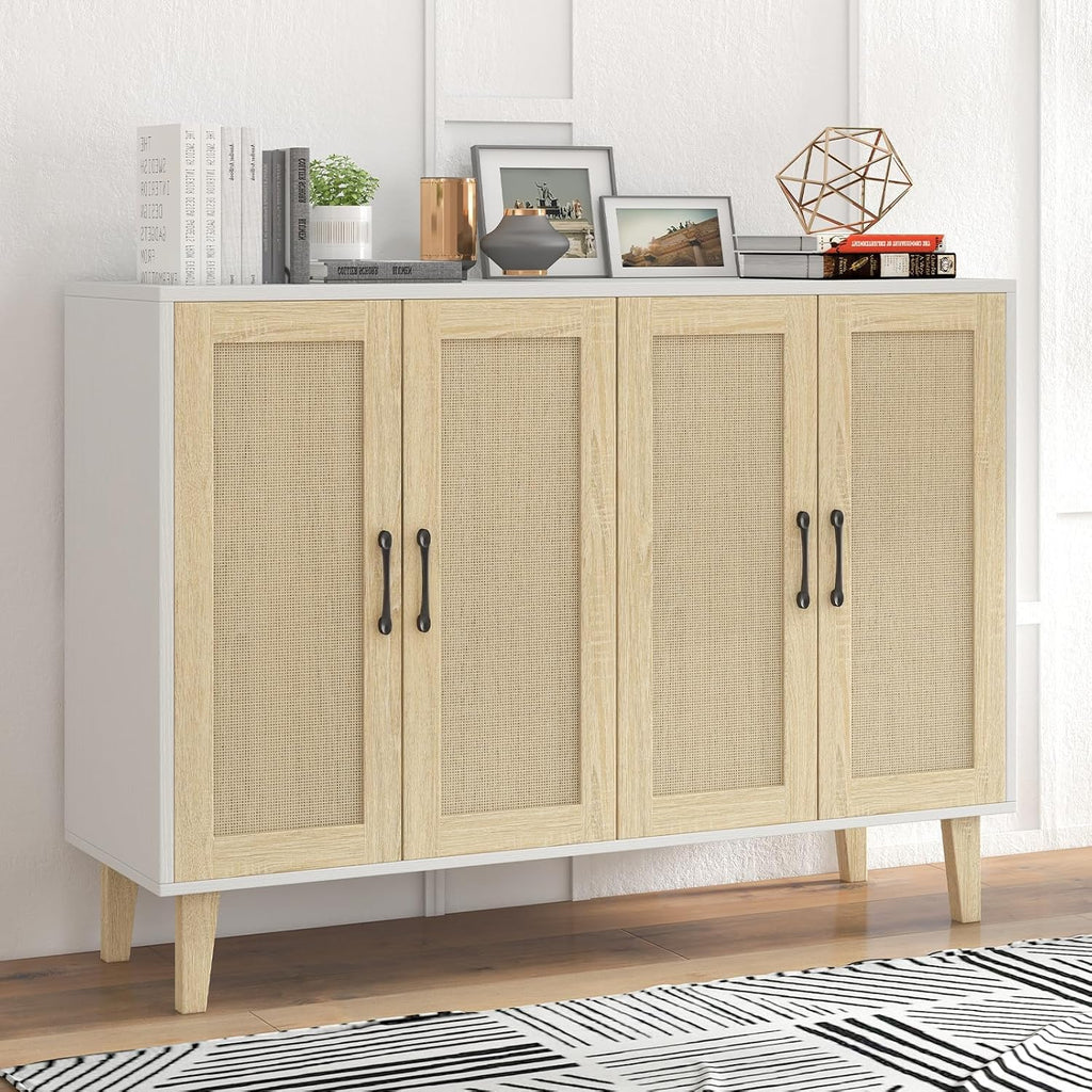 Panana Buffet Storage Cabinet with Rattan Decorating 4 Doors Living Room Kitchen Sideboard 48.43 x 34.65 x 15 inch (White)