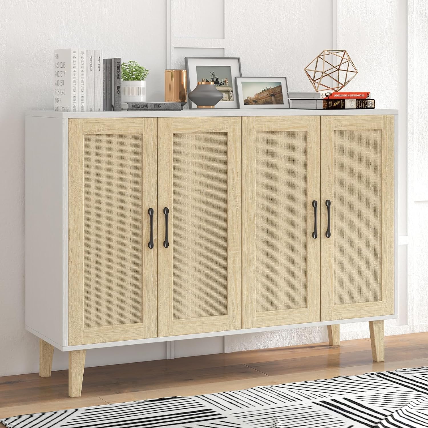 Panana Buffet Storage Cabinet with Rattan Decorating 4 Doors Living Room Kitchen Sideboard 48.43 x 34.65 x 15 inch (White)