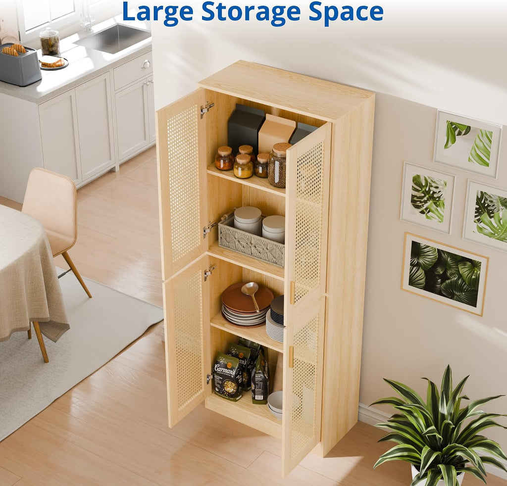 Cozy Castle Kitchen Pantry Cabinet, 71' Tall Rattan Doors Storage Cabinet and Adjustable Shelves, Modern Farmhouse Wood Cupboard Utility Hutch for Kitchen, Dining Room, Living Room (Oak)