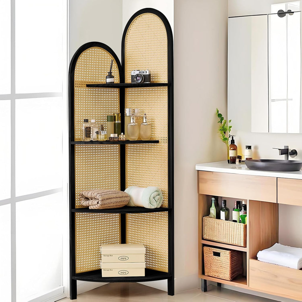 Corner Shelf Stand 4-Tier 70' Corner Shelves Display Shelf Pine Wood Frame with Rattan Wall Corner Bookshelf Multi Unit Organizer Rack with Legs for Living Room Decor,Small Space (Black)