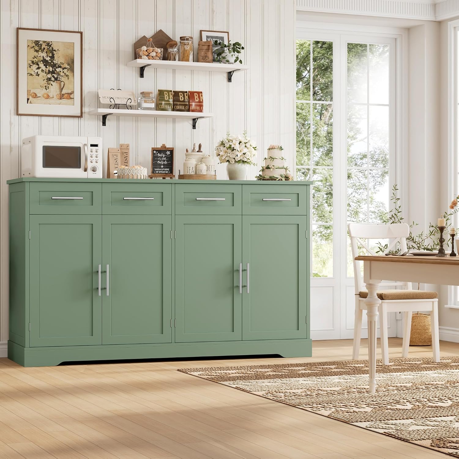HOSTACK 60' Large Buffet Sideboard with Storage, 36' Tall Kitchen Buffet Storage Cabinet with 4 Drawers, Modern Coffee Bar Cabinet with Silver Handles, Long Sideboard Buffet Table for Kichen, Green