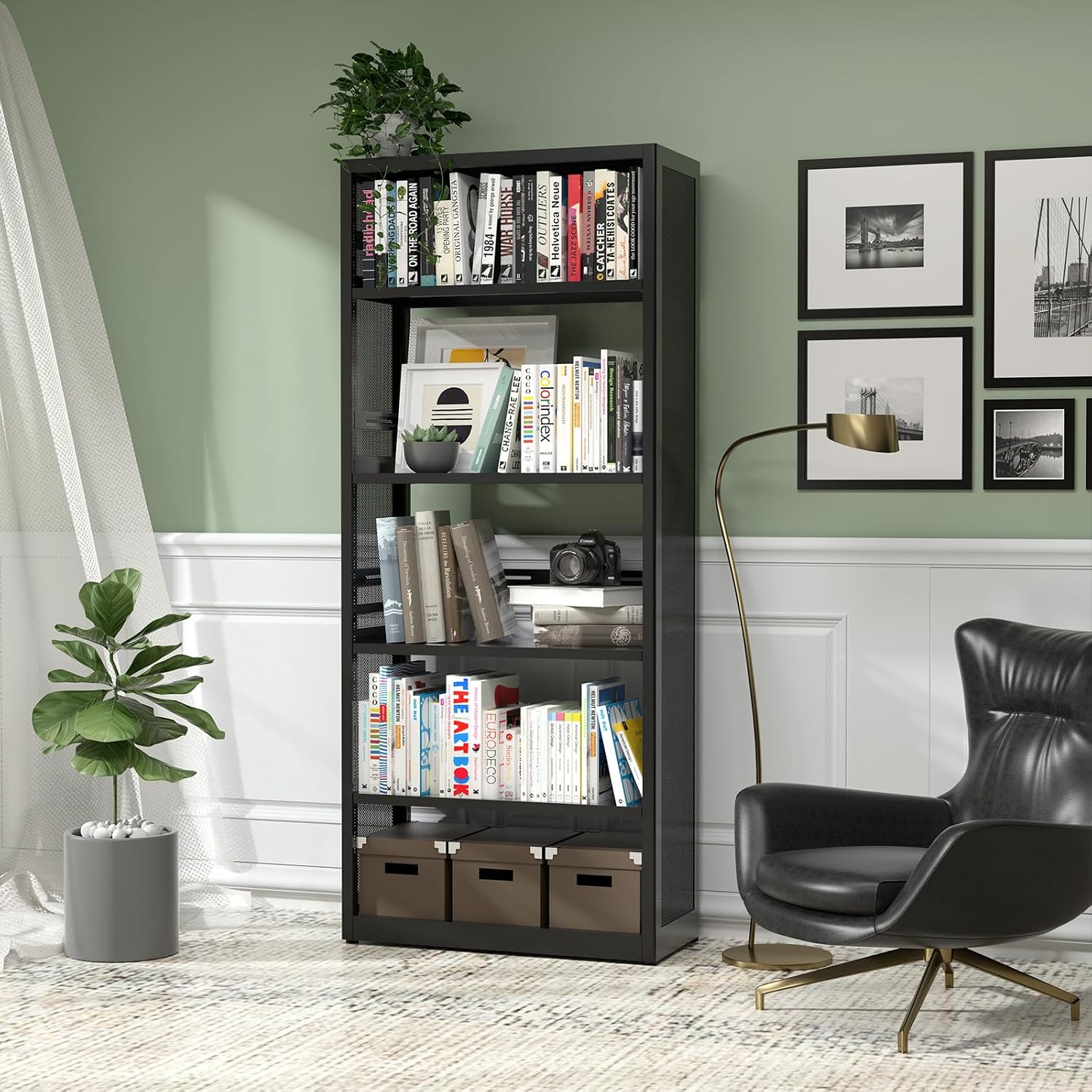 5 Tiers Bookshelf Tall Bookcase Shelf Storage Organizer Book Rack Utility Metal Shelf Adjustable Garage Shelving Organizer Rack for Kitchen Laundry Garage Bathroom Pantry Office 68' H*28' W*13' D