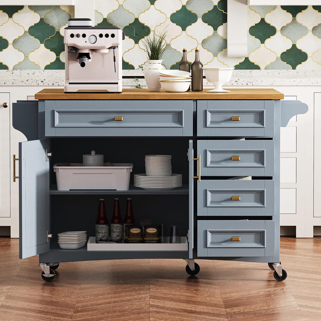 52' Kitchen Island Cart with Drop Leaf, Embossed Texture Kitchen Storage on Wheels with Spice Rack, Towel Rack, 5 Drawers, 2 Doors, Adjustable Shelf for Kitchen, Dining Room Grey Blue