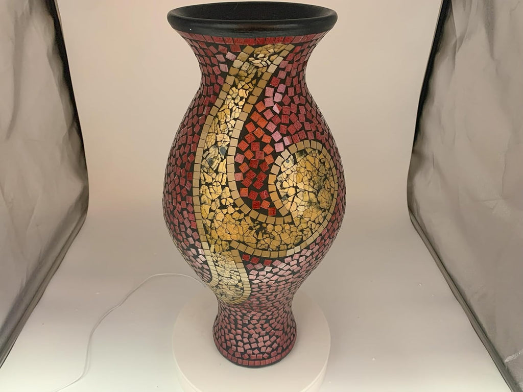 Floor Vase, 24 Inch Mosaic Vase – Tall Cylinder Made of Terracotta with Ruby Red and Gold Glass Mosaic Pieces – Handcrafted Decorative Home Décor Accent Piece for Bedroom, Living Room, Office
