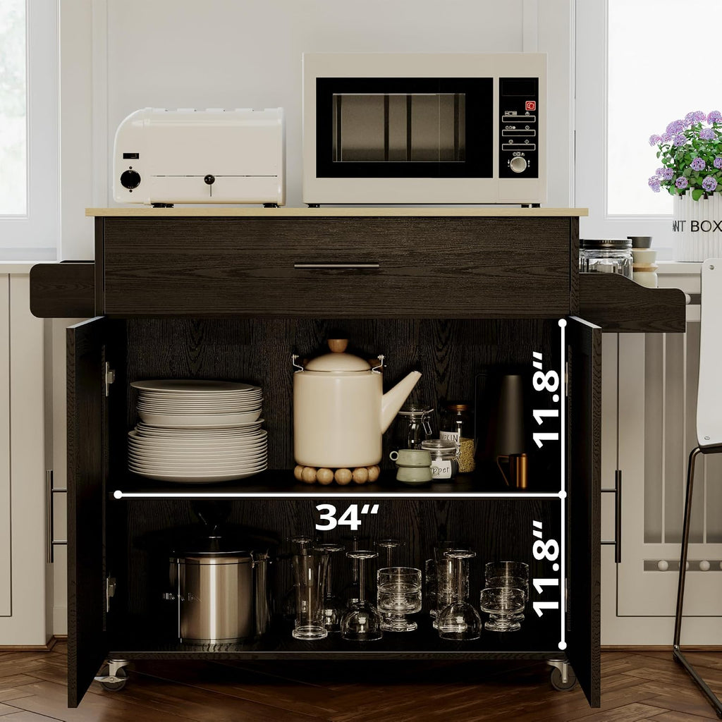IRONCK Rolling Kitchen Island Table on Wheels with Drop Leaf, Storage Cabinet, Drawer, Spice/Towel Rack, Kitchen Cart, 47.25' Wide Black