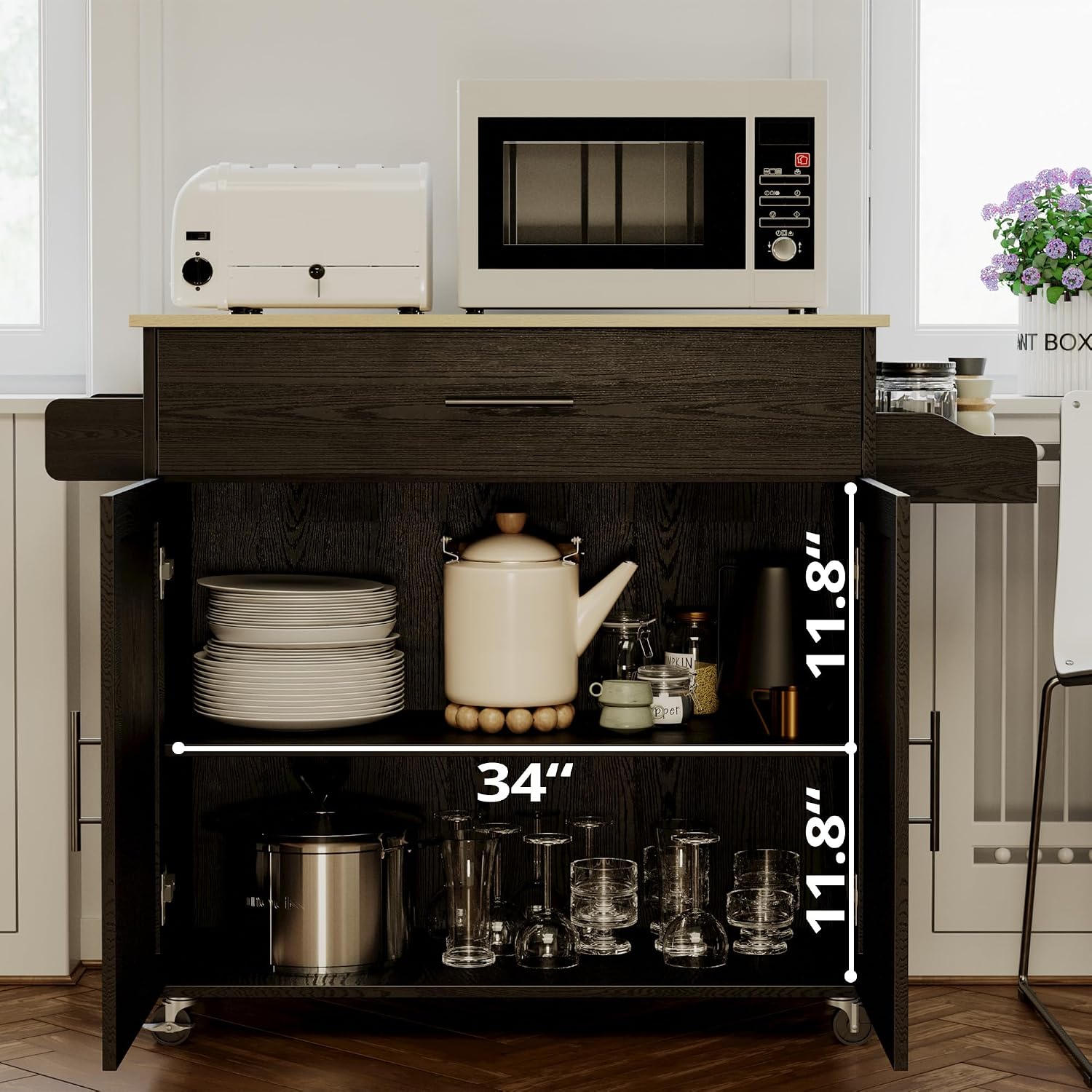IRONCK Rolling Kitchen Island Table on Wheels with Drop Leaf, Storage Cabinet, Drawer, Spice/Towel Rack, Kitchen Cart, 47.25' Wide Black