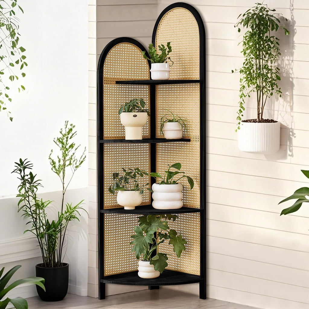 Corner Shelf Stand 4-Tier 70' Corner Shelves Display Shelf Pine Wood Frame with Rattan Wall Corner Bookshelf Multi Unit Organizer Rack with Legs for Living Room Decor,Small Space (Black)