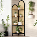 Corner Shelf Stand 4-Tier 70' Corner Shelves Display Shelf Pine Wood Frame with Rattan Wall Corner Bookshelf Multi Unit Organizer Rack with Legs for Living Room Decor,Small Space (Black)
