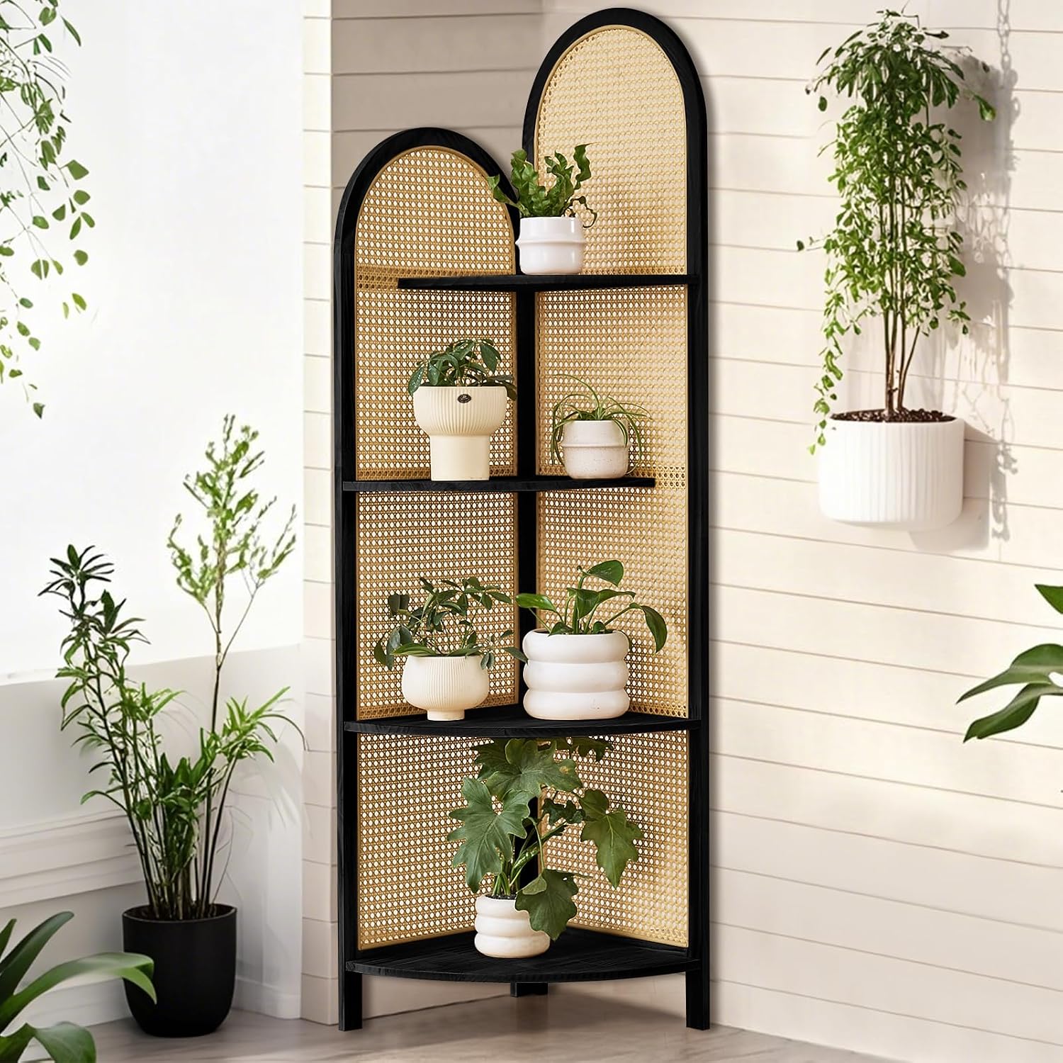 Corner Shelf Stand 4-Tier 70' Corner Shelves Display Shelf Pine Wood Frame with Rattan Wall Corner Bookshelf Multi Unit Organizer Rack with Legs for Living Room Decor,Small Space (Black)