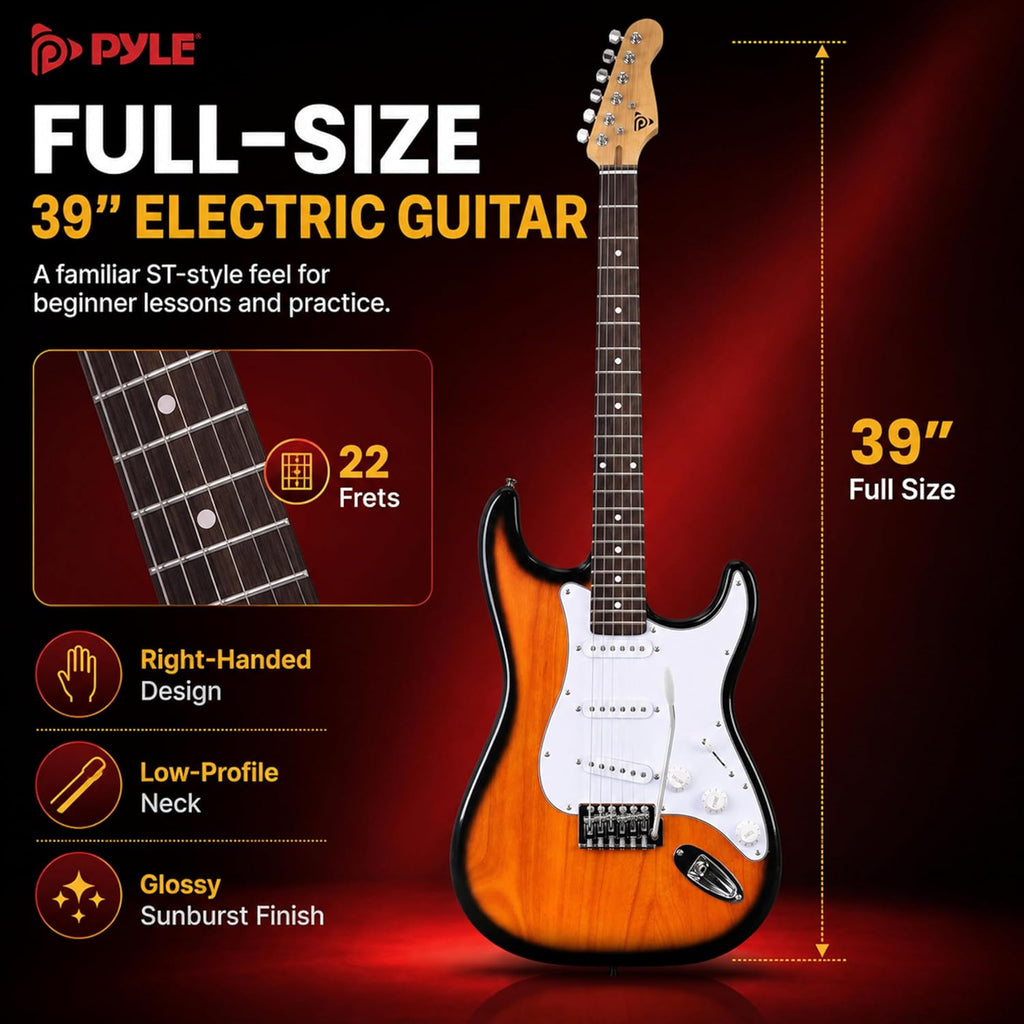 Pyle Electric Guitar and Amp Kit - Full Size 39' Complete Starter Kit with Wearable Bluetooth Amplifier, 1/4' Cable, Carry Case, Strap, Strings, Picks, Cleaning Cloth, ST-Style Pickups (Sun Burst)