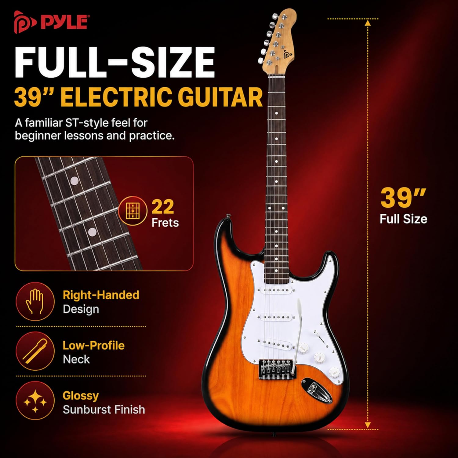Pyle Electric Guitar and Amp Kit - Full Size 39' Complete Starter Kit with Wearable Bluetooth Amplifier, 1/4' Cable, Carry Case, Strap, Strings, Picks, Cleaning Cloth, ST-Style Pickups (Sun Burst)