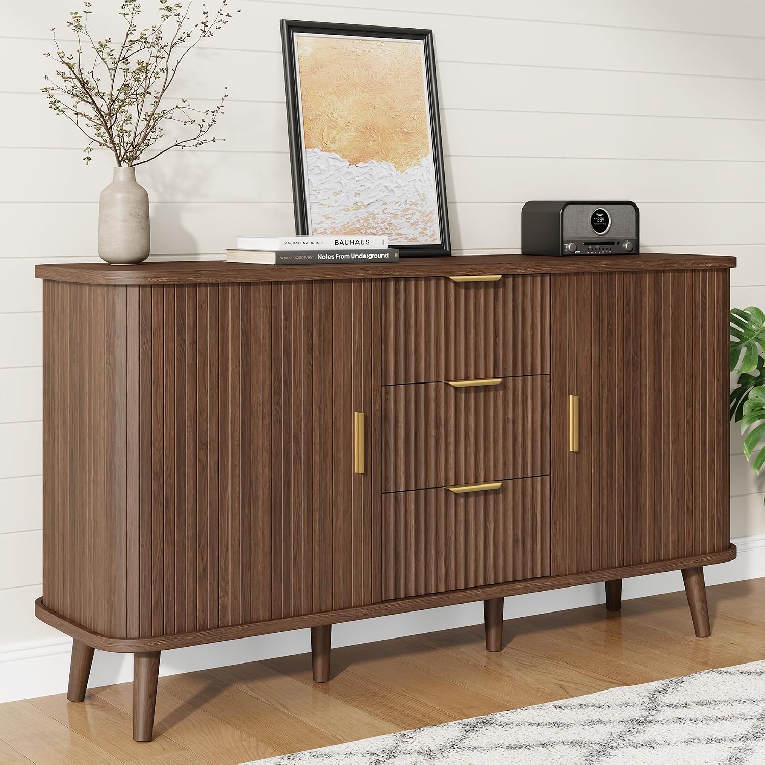 Lulive Walnut Buffet Cabinet, 55' Wide Sideboard Buffet Storage Cabinet with Rolling & Sliding Doors, Modern Bar Cabinet for Kitchen & Dining Room