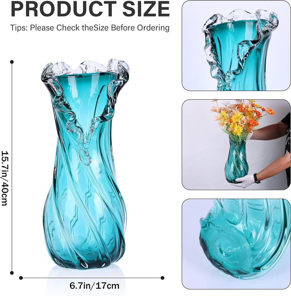 Hand Blown Blue Large Glass Vase Set - Artistic Clear Blue Vase for Coastal & Modern Home Decor, Ocean Wave Vase Design Light Luxury Style for Home Decor, Centerpiece, Office (XL)