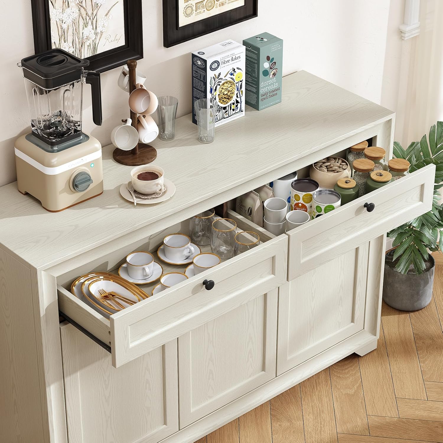 ONBRILL 48 Inches Sideboard Buffet Cabinet with Storage, Farmhouse Sideboard with 2 Drawers and 3 Doors, Wood Coffee Bar Cabinet with Adjustable Shelves for Living Room, Kitchen, Hallway, White
