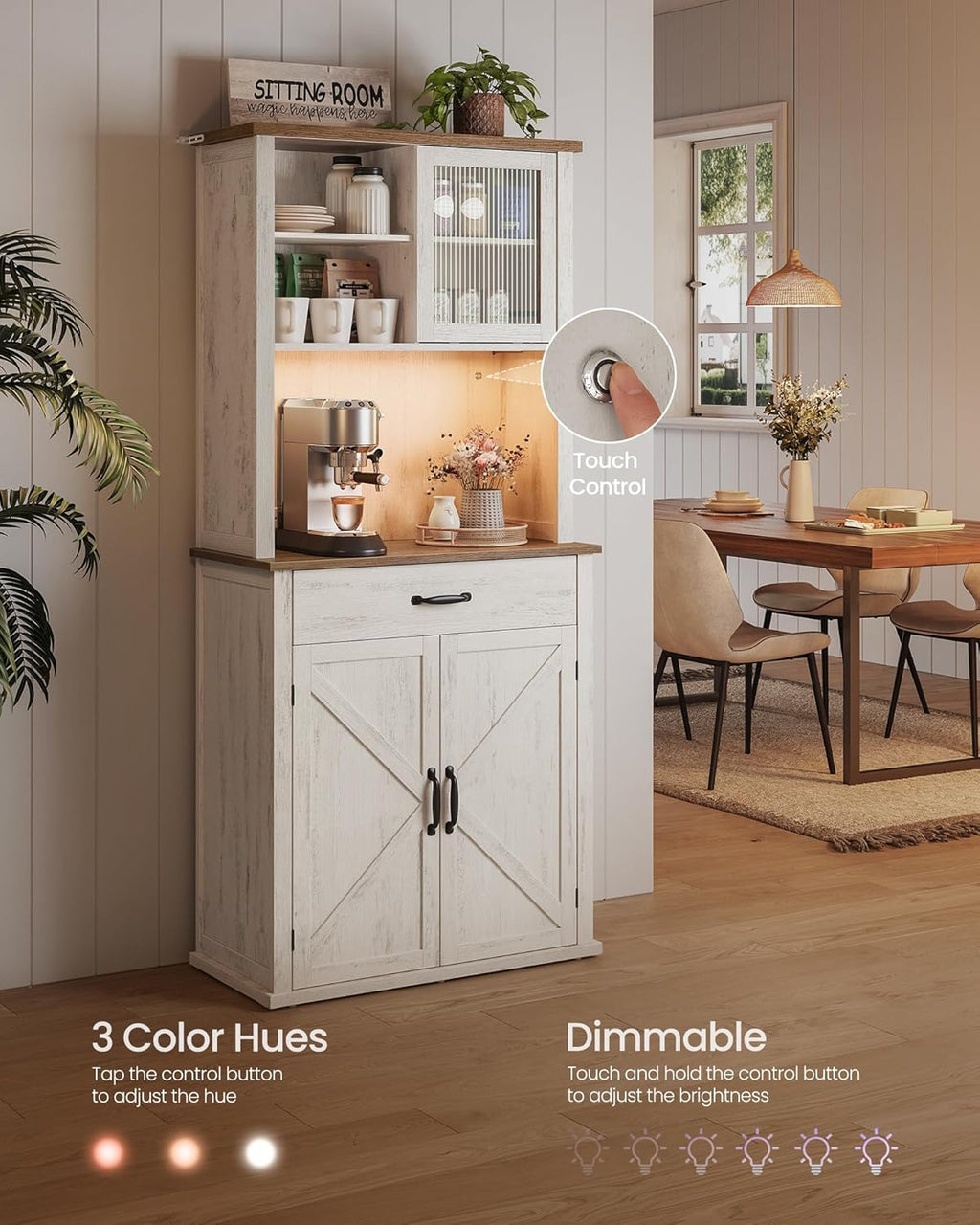 VASAGLE LIRY Collection - 71-Inch Tall Kitchen Pantry Cabinet with Lights and Charging Station, Coffee Bar Cabinet with Doors and Drawer, Farmhouse Style, Adjustable Shelves, Rustic White UBBK363W12