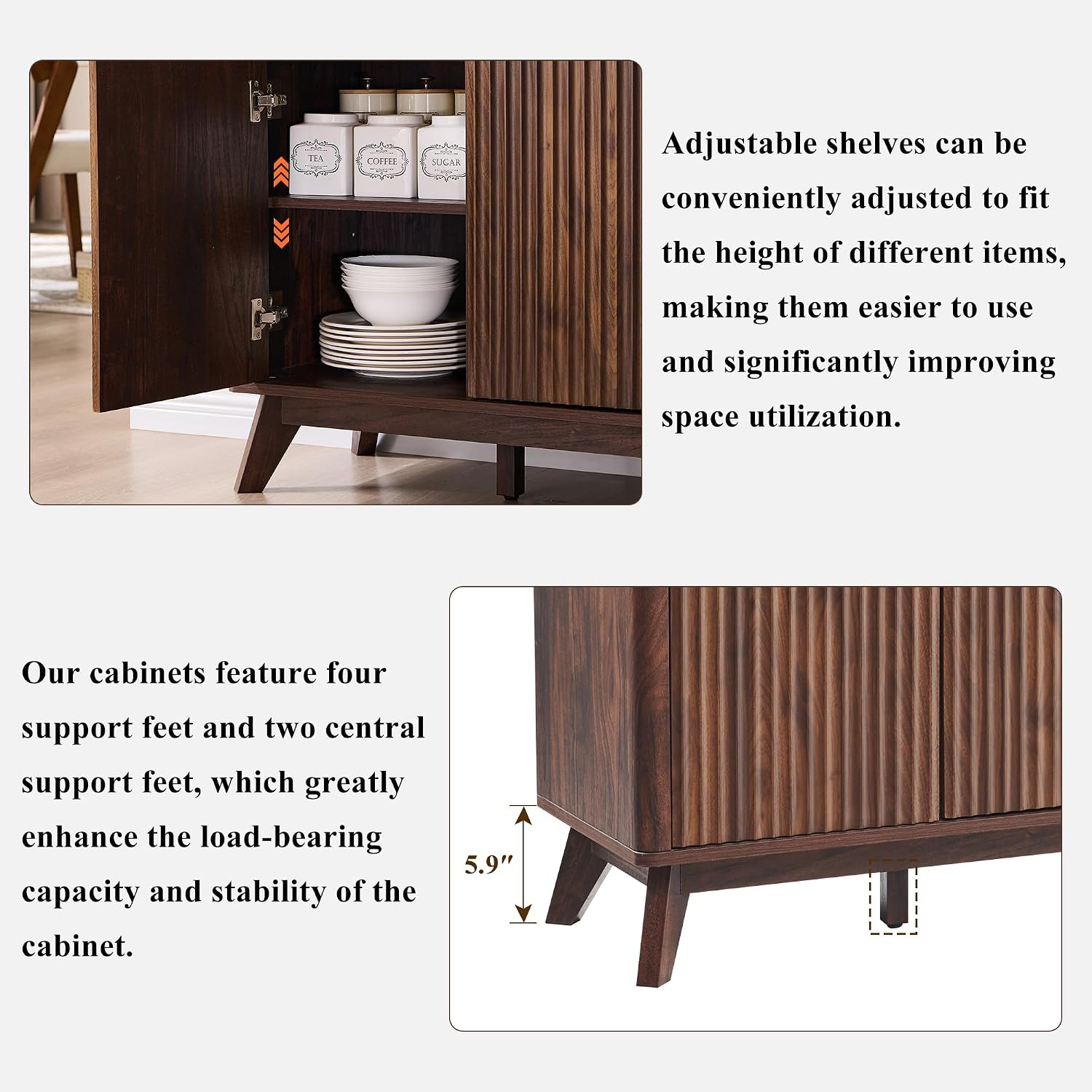 OKD Fluted Storage Cabinet with Drawers, 60' Morden Buffet Sideboard Coffee Bar Cabinet with 4 Doors and 3 Drawers for Dining Room, Living Room,Hallway (Dark Walnut)