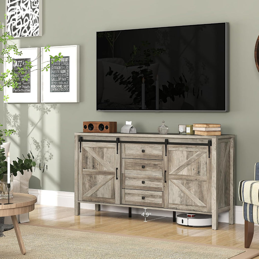 HOMCOM 59 Inch Farmhouse Sideboard Buffet Cabinet with Thick Top, Coffee Bar Cabinet with 2 Sliding Barn Doors, 4 Drawers and 2 Adjustable Shelves for Kitchen, Gray Wash