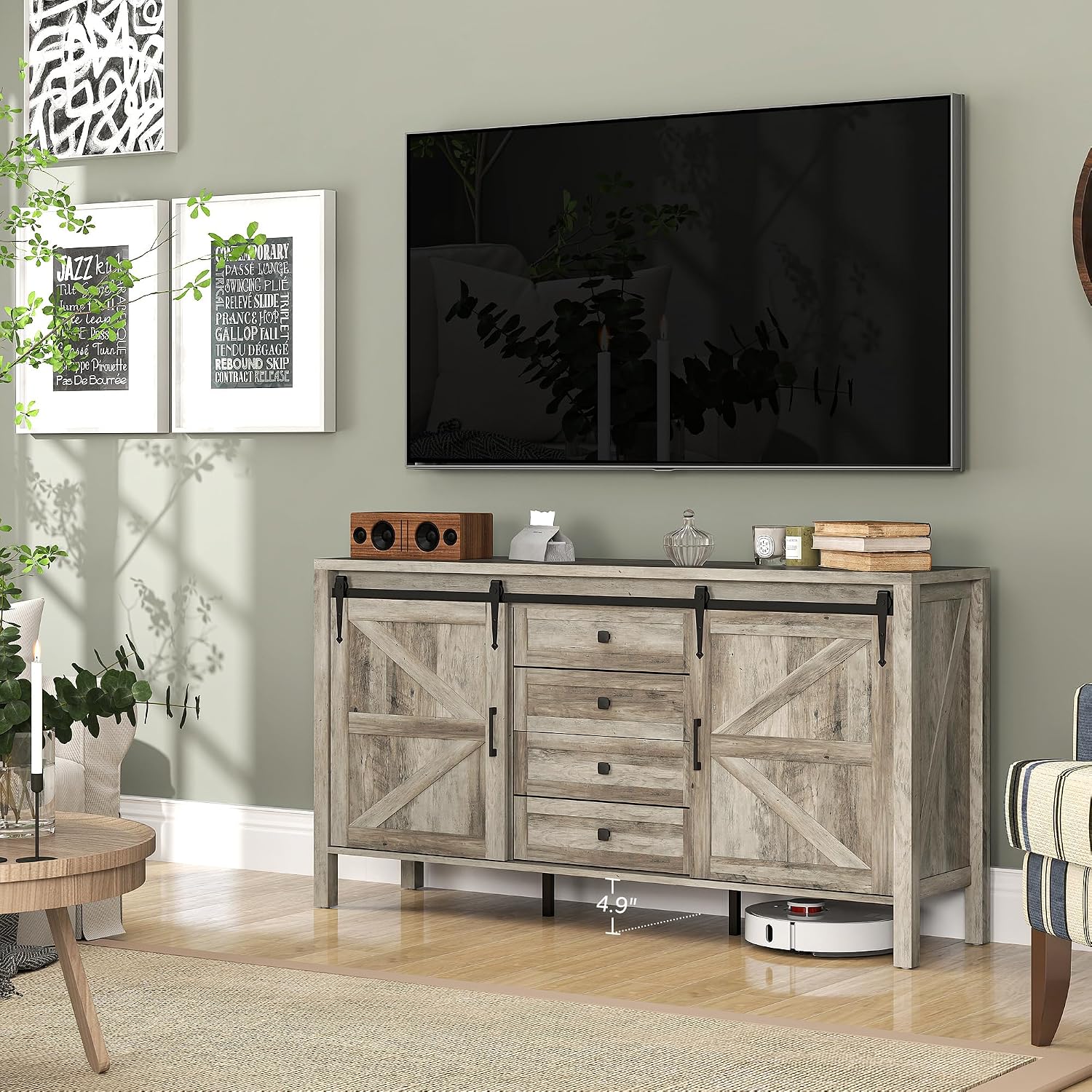 HOMCOM 59 Inch Farmhouse Sideboard Buffet Cabinet with Thick Top, Coffee Bar Cabinet with 2 Sliding Barn Doors, 4 Drawers and 2 Adjustable Shelves for Kitchen, Gray Wash
