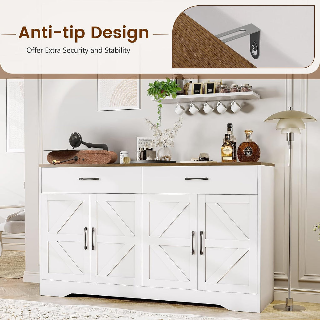 55' Sideboard Buffet Cabinet with Storage, Large Kitchen Storage Sideboard with Drawers & Doors, Modern Wood Farmhouse Coffee Bar Cabinet, Buffet Table for Kitchen, Dining Room, Living Room, White