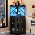 JKsmart Corner Bar Cabinet with LED Lights,4-Tier Wine Bar Cabinet with Glass Holder,Industrial Liquor Cabinet with Door and Shelf,Farmhouse Home Bar for Liquor Wine Coffee Storage,Black