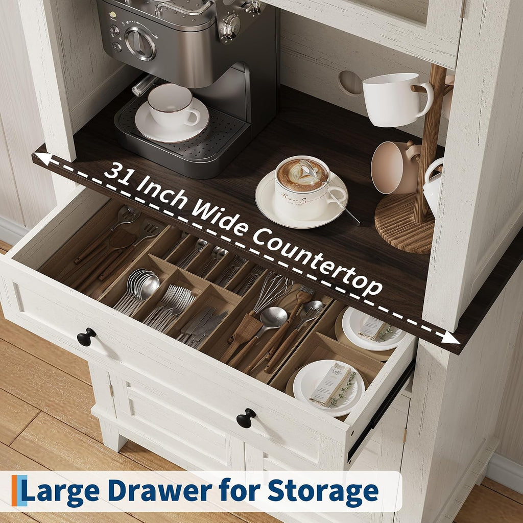 GarveeHome 72' Kitchen Pantry Storage Cabinet, Kitchen Hutch Cabinet with Storage, Microwave Stand with Drawers & Glass Doors, Pantry cabinets for Kitchen, Dining Room, Living Room, Light White