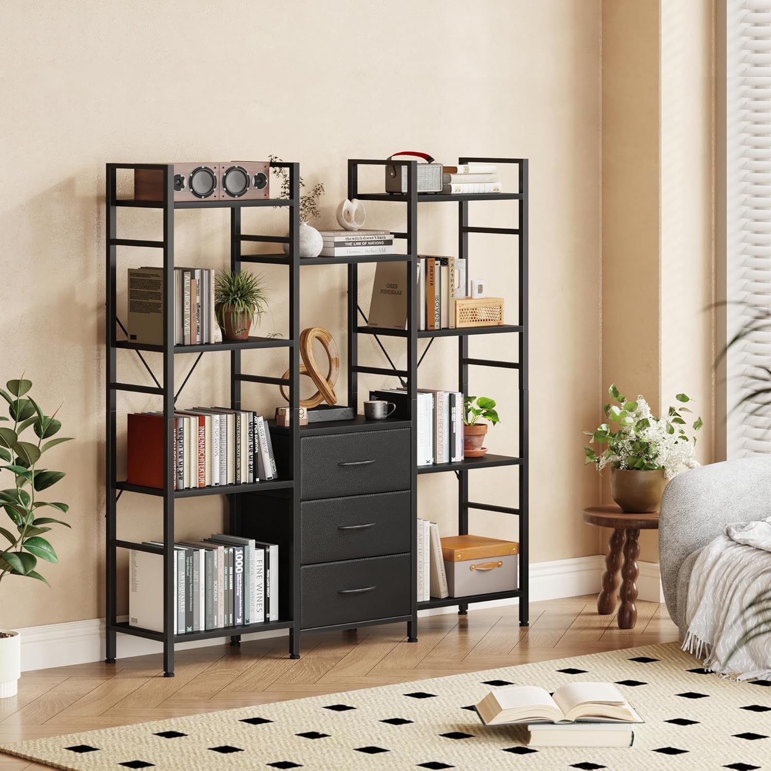 AFLUI Triple Bookshelf with 3 Fabric Drawers, 4-Tier Book Shelf and 10 Display Shelves, Industrial Large Bookcase for Home & Office, Black, 47'' Wide