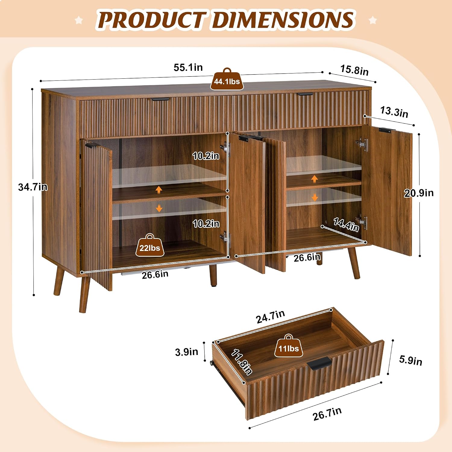 LYNCOHOME Fluted Sideboard Buffet Cabinet with Storage,2 Drawers and 4 Doors,Wood Coffee Bar Cabinet with Solid Wood Feet for Kitchen,Hallway