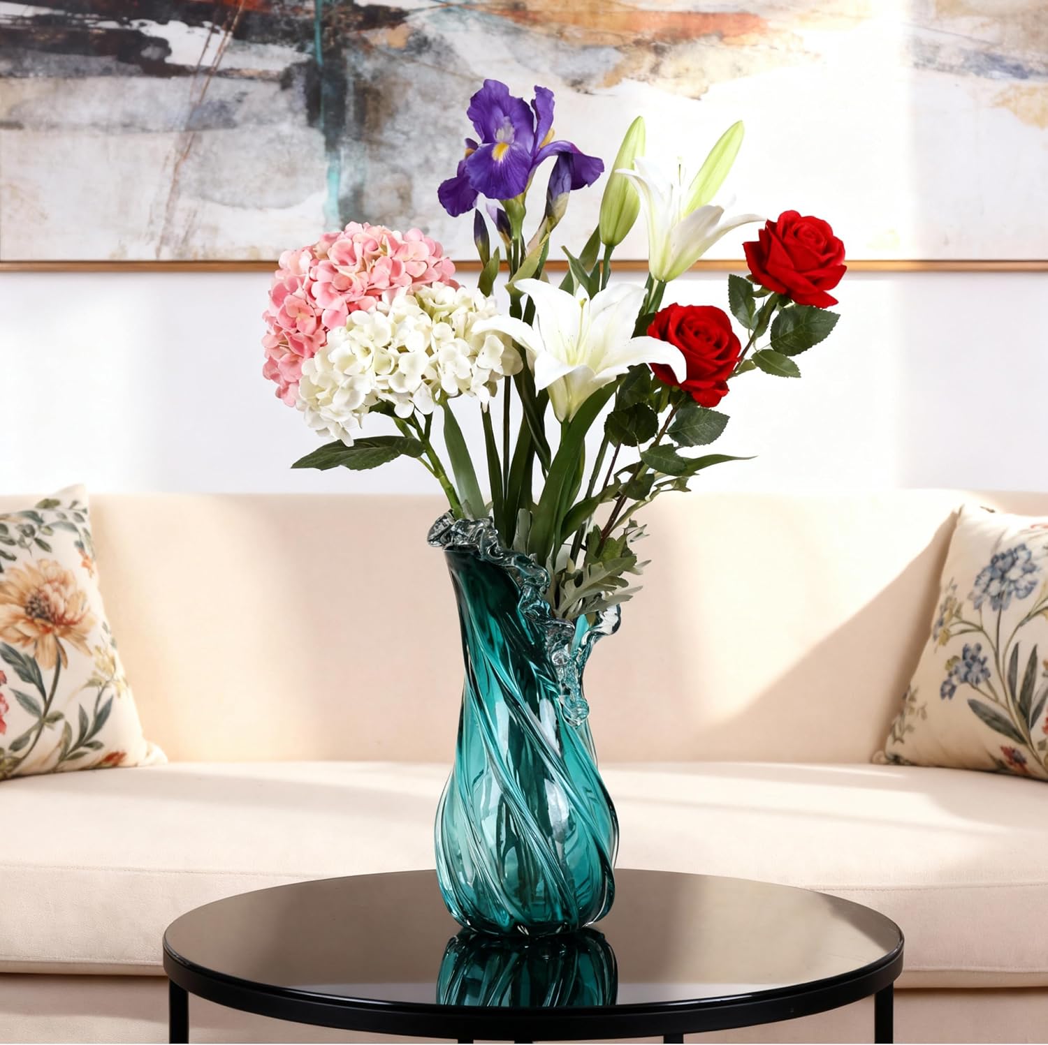 Hand Blown Blue Large Glass Vase Set - Artistic Clear Blue Vase for Coastal & Modern Home Decor, Ocean Wave Vase Design Light Luxury Style for Home Decor, Centerpiece, Office (XL)