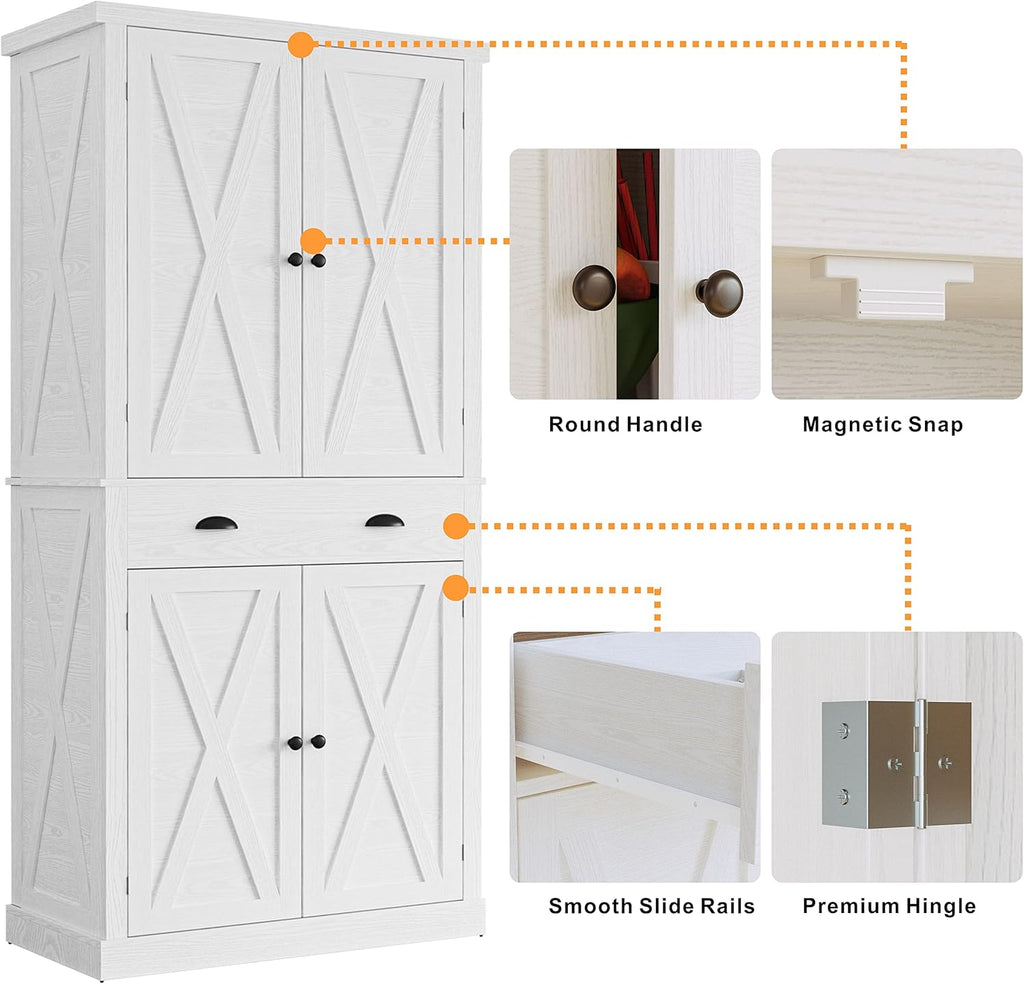 IRONCK Kitchen Pantry Storage Cabinet 72.6' H x 24' W, with Barn Doors, Drawer, 4 Adjustable Shelves, Freestanding Cupboard, Laundry, White