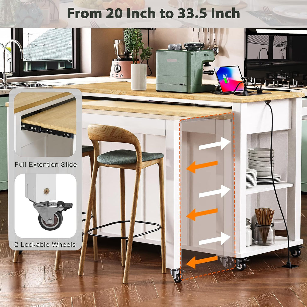 47' Kitchen Island with Extendable Dining Table, Rubber Wood Veneer Kitchen Table with Internal Storage Rack, Power Outlet, 2 Drawers, 2 Cabinet for Kitchen, Dining Room White