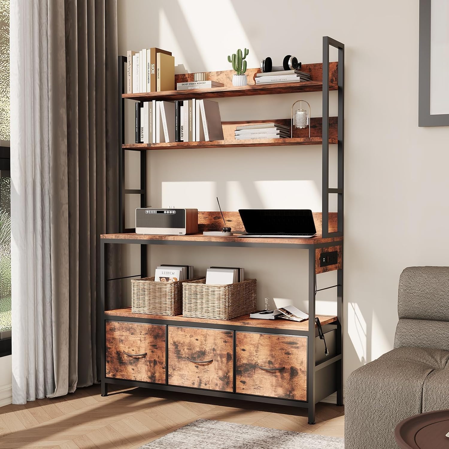 IDEALHOUSE 5 Tier Kitchen Bakers Rack with Charging Station & Drawers, Industrial Microwave Oven Stand, Freestanding Farmhouse Coffee Bar Station Utility Shelves with Hooks, Vintage Brown
