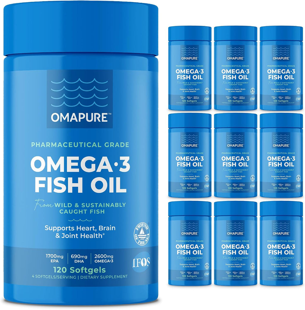 OMAPURE Fish Oil Omega 3 Supplements - Triple Strength - High EPA, DHA - IFOS Lab Tested - Supports Heart & Brain Health - Burpless Capsules - Wild Caught - (10 Bottles - 120 Softgels Per Bottle)