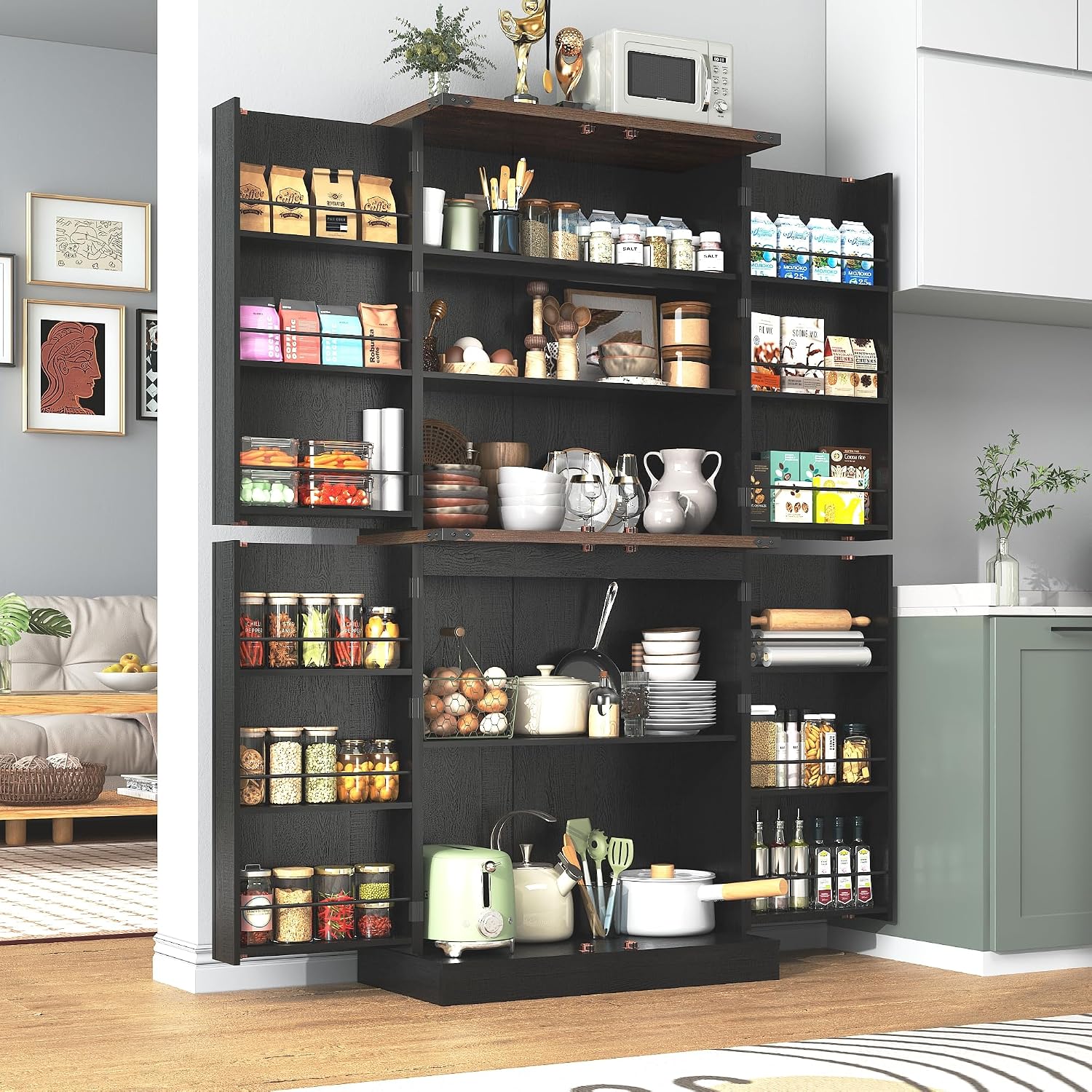 71' Tall Kitchen Pantry Cabinet, Farmhouse Tall Kitchen Storage Cabinet with Adjustable Shelves & 4 Barn Style Doors, Wooden Storage Cabinet for Kitchen, Dining Room, Living Room, Bathroom, Office